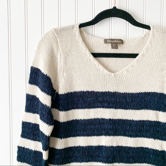 Tommy Bahama Womens Small Tan Blue Striped Cable Knit Sweater - Picture 2 of 5